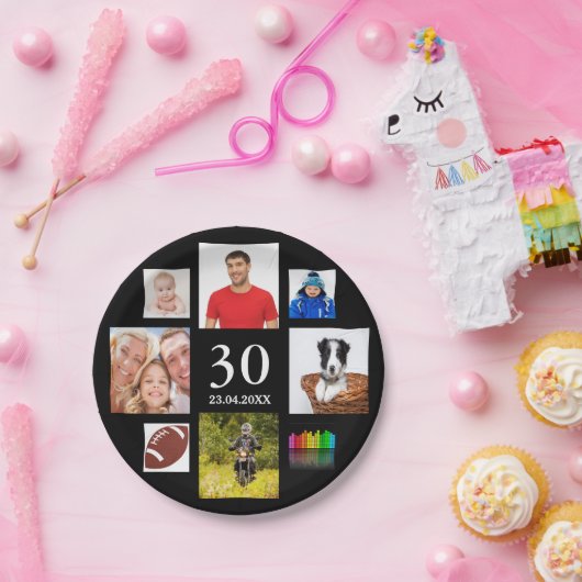 30歳の誕生日パーティー写真コラージュ男ブラック ペーパープレート (パーティー)