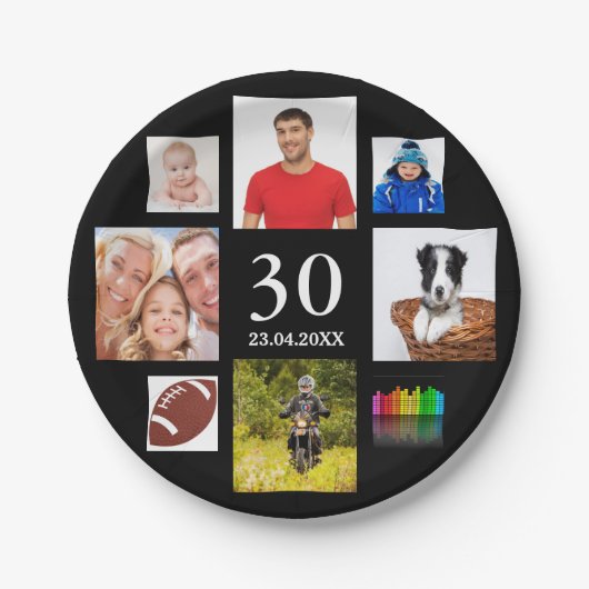 30歳の誕生日パーティー写真コラージュ男ブラック ペーパープレート (正面)