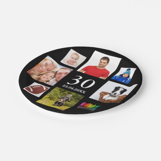 30歳の誕生日パーティー写真コラージュ男ブラック ペーパープレート (アングル)