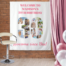 30歳の誕生日パーティー写真コラージュ背景ピンク タペストリー