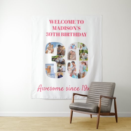 30歳の誕生日パーティー写真コラージュ背景ピンク タペストリー (インサイチュ)