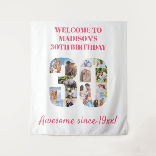 30歳の誕生日パーティー写真コラージュ背景ピンク タペストリー (正面)