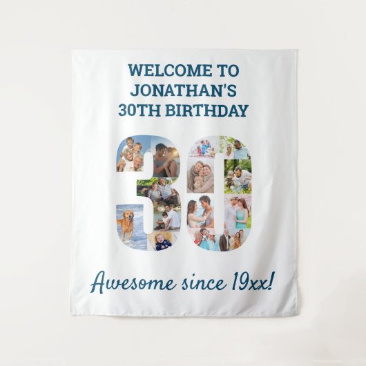 30歳の誕生日パーティー写真コラージュ背景 タペストリー (正面)
