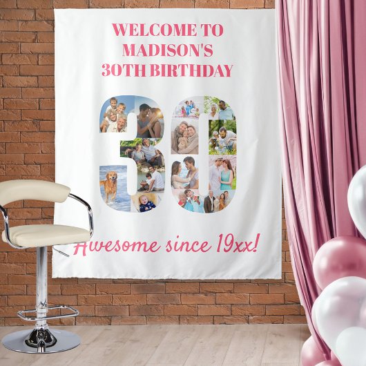 30歳の誕生日パーティー写真コラージュ背景 ピンク タペストリー