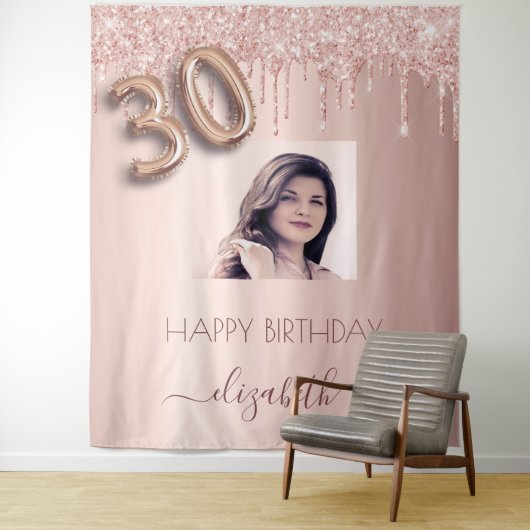 30歳の誕生日パーティー写真バラ金ゴールドグリッターピンク タペストリー (インサイチュ)