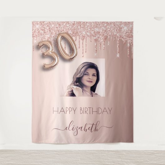 30歳の誕生日パーティー写真バラ金ゴールドグリッターピンク タペストリー (正面)
