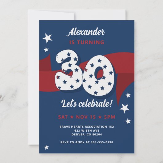 30歳の誕生日パーティー愛国的赤白青スター 招待状 (正面)