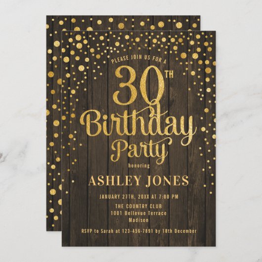 30歳の誕生日パーティー素朴 – 木材と金ゴールド 招待状 (正面/裏面)