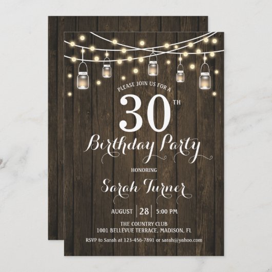 30歳の誕生日パーティー素朴- Wood 招待状 (正面/裏面)