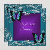 30歳の誕生日パーティー紫のティール（緑がかった色）蝶シルバー 招待状 (正面/裏面)