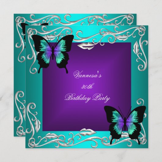 30歳の誕生日パーティー紫のティール（緑がかった色）蝶シルバー 招待状 (正面/裏面)