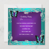 30歳の誕生日パーティー紫のティール（緑がかった色）蝶シルバー 招待状 (裏面)