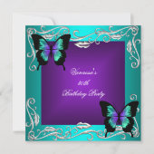 30歳の誕生日パーティー紫のティール（緑がかった色）蝶シルバー 招待状 (正面)