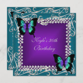 30歳の誕生日パーティー紫のティール（緑がかった色）蝶シルバー 招待状 (正面/裏面)