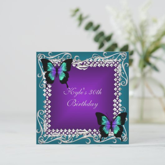 30歳の誕生日パーティー紫のティール（緑がかった色）蝶シルバー 招待状 (スタンド正面)