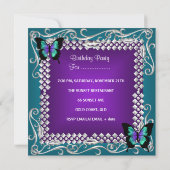 30歳の誕生日パーティー紫のティール（緑がかった色）蝶シルバー 招待状 (裏面)