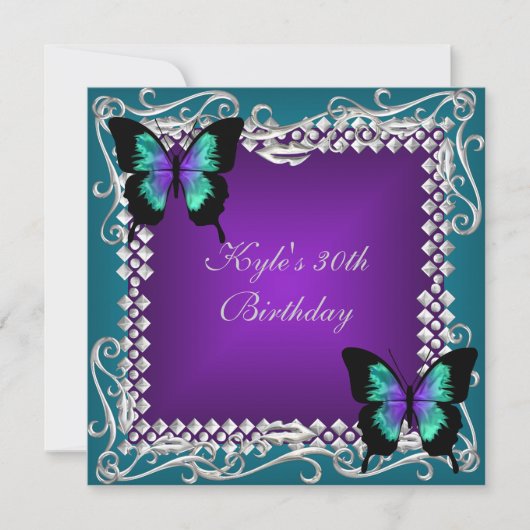 30歳の誕生日パーティー紫のティール（緑がかった色）蝶シルバー 招待状 (正面)
