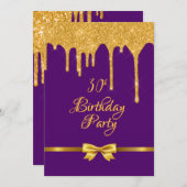 30歳の誕生日パーティー紫の金ゴールドボウグリッタードリップ 招待状 (正面/裏面)