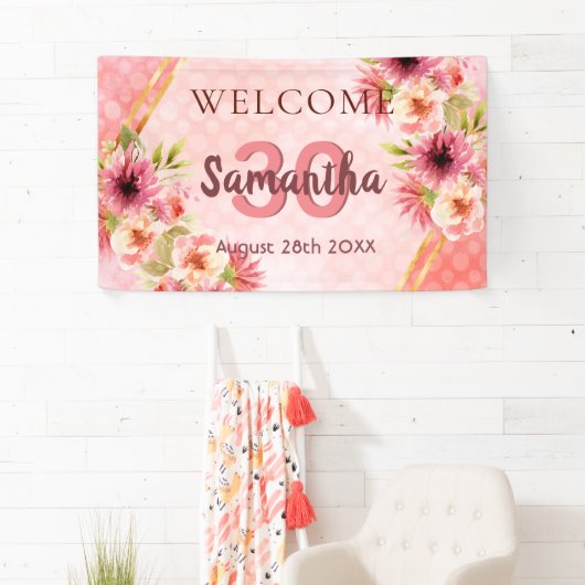 30歳の誕生日パーティー赤面ピンク花模様歓迎 横断幕 (インサイチュ)