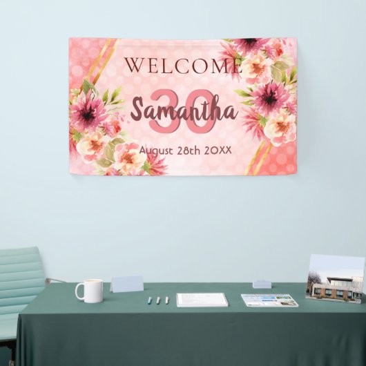 30歳の誕生日パーティー赤面ピンク花模様歓迎 横断幕 (トレードショー)