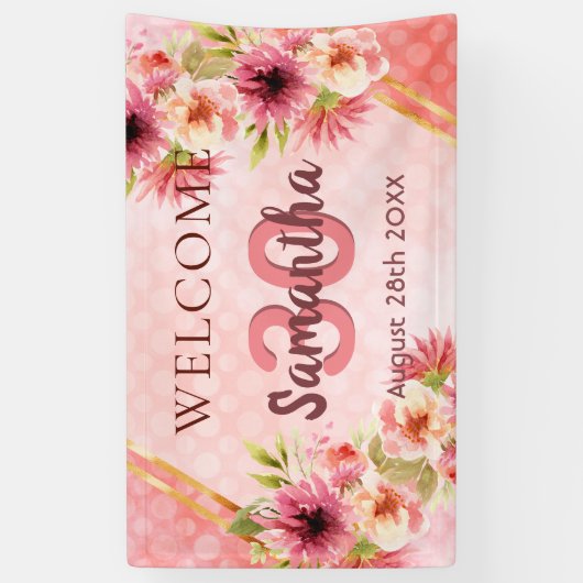 30歳の誕生日パーティー赤面ピンク花模様歓迎 横断幕 (縦)