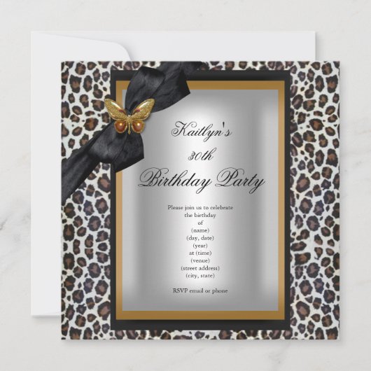 30歳の誕生日パーティー金ゴールドチーターブラックバタフライ 招待状 (正面)