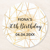 30歳の誕生日パーティー金ゴールド幾何学白モノグラム ラウンドペーパーコースター (正面)