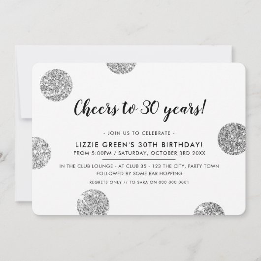 30歳の誕生日パーティー銀クールグリッター水玉模様 招待状 (正面)