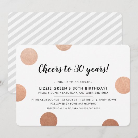 30歳の誕生日パーティー おしゃれなローズゴールドの水玉模様 招待状 (正面/裏面)