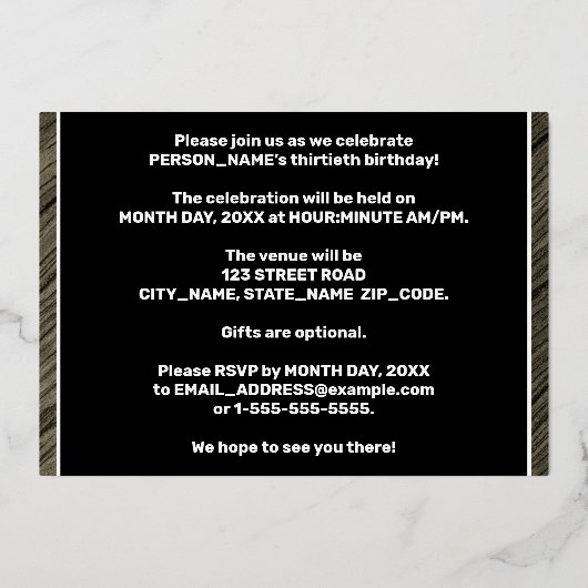 30歳の誕生日パーティー— はっきりした、木目フェイク文字 箔招待状 (裏面)