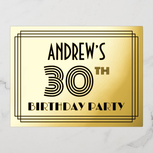 30歳の誕生日パーティー~アールデコスタイル「30」 +名前 箔招待状ポストカード (正面)
