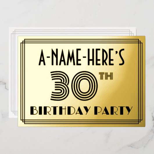 30歳の誕生日パーティー - アールデコ調の「30」と名前 箔招待状 (正面/裏面)