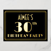 30歳の誕生日パーティー:アールデコ「30」、名前つき 箔招待状 (正面)