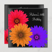 30歳の誕生日パーティー エレガントな黒とカラフルな花 招待状 (正面/裏面)