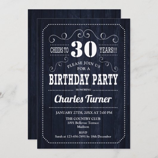 30歳の誕生日パーティー – ネイビーウッドパターン 招待状 (正面/裏面)