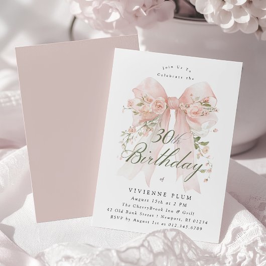 30歳の誕生日パーティー ピンク コケットボウ ローズ フローラル 招待状