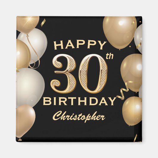 30歳の誕生日パーティー ブラック ゴールド風船 マグネット (正面)