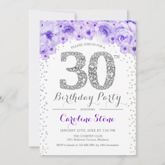 30歳の誕生日パーティー – ホワイトシルバーパープル 招待状 (正面)