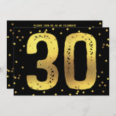 30歳の誕生日パーティー 偽の金箔の飾り 黒 招待状 (正面/裏面)