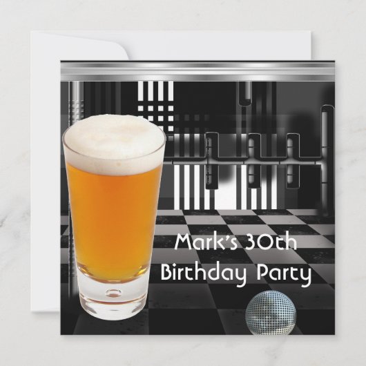 30歳の誕生日パーティー 男性 ビール 黒 白 銀 招待状 (正面)