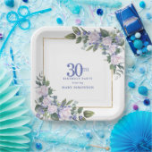 30歳の誕生日パーティー 白バラ 青い花 カスタムデザイン ペーパープレート (パーティー)