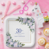 30歳の誕生日パーティー 白バラ 青い花 カスタムデザイン ペーパープレート (パーティー)