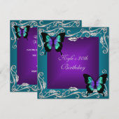 30歳の誕生日パーティー 紫と青の蝶 銀 招待状 (正面/裏面)