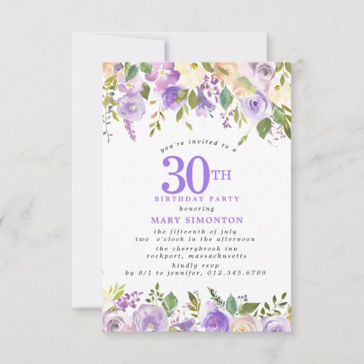 30歳の誕生日パーティー 紫のバラの花束 小さな招待状 招待状 (正面)