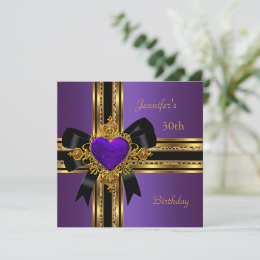 30歳の誕生日パーティー 紫色 ゴールド ハート ジュエル ローズ2 招待状 (スタンド正面)