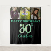 30歳の誕生日パーティー、緑のグリッターと3枚の写真 タペストリー (正面)
