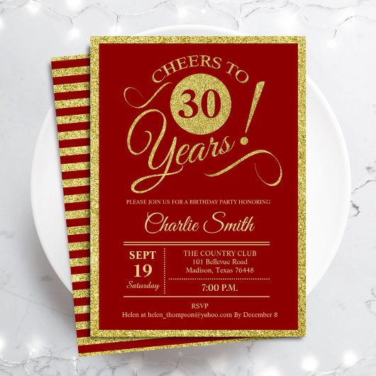 30歳の誕生日パーティー-金ゴールド赤ANY AGE 招待状