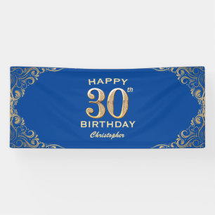 30歳の誕生日パーティー 青と金のグリッター フレーム 横断幕