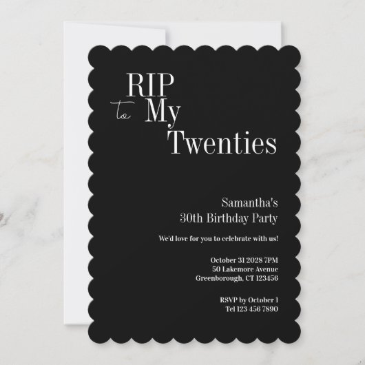 30歳の誕生日パーティー RIP Twenties 黒白 招待状 (正面)