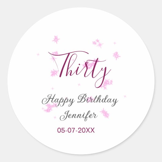 30歳の誕生日ピンクのグリッタースターブラック30th date ラウンドシール (正面)